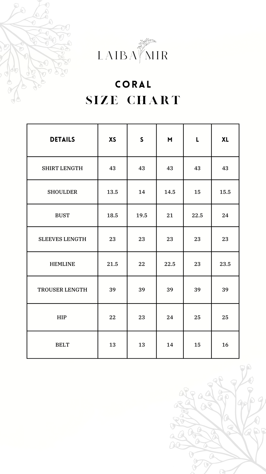 Coral - Size Chart 